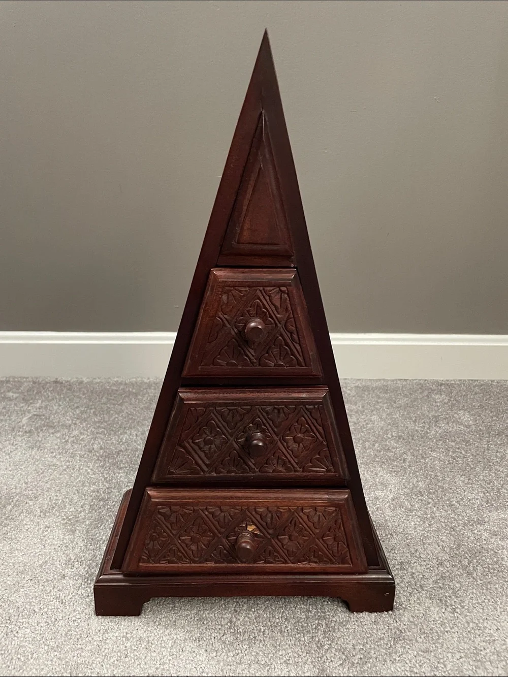 Hand-Carved Pyramid Wooden Jewelry Chest - Brown